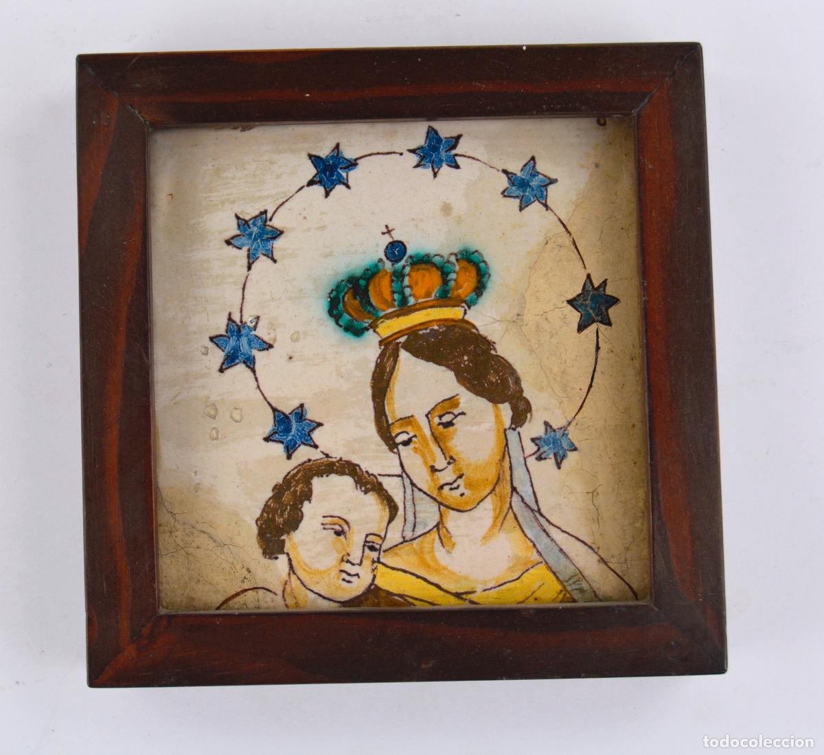 Antig&uuml;edades: Virgen con el ni&ntilde;o Jes&uacute;s, antiguo azulejo, fragmento enmarcado.
