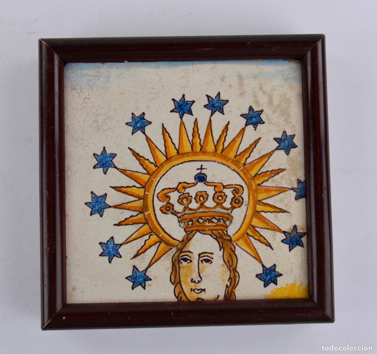 Antig&uuml;edades: Virgen Mar&iacute;a, antiguo azulejo, fragmento enmarcado.