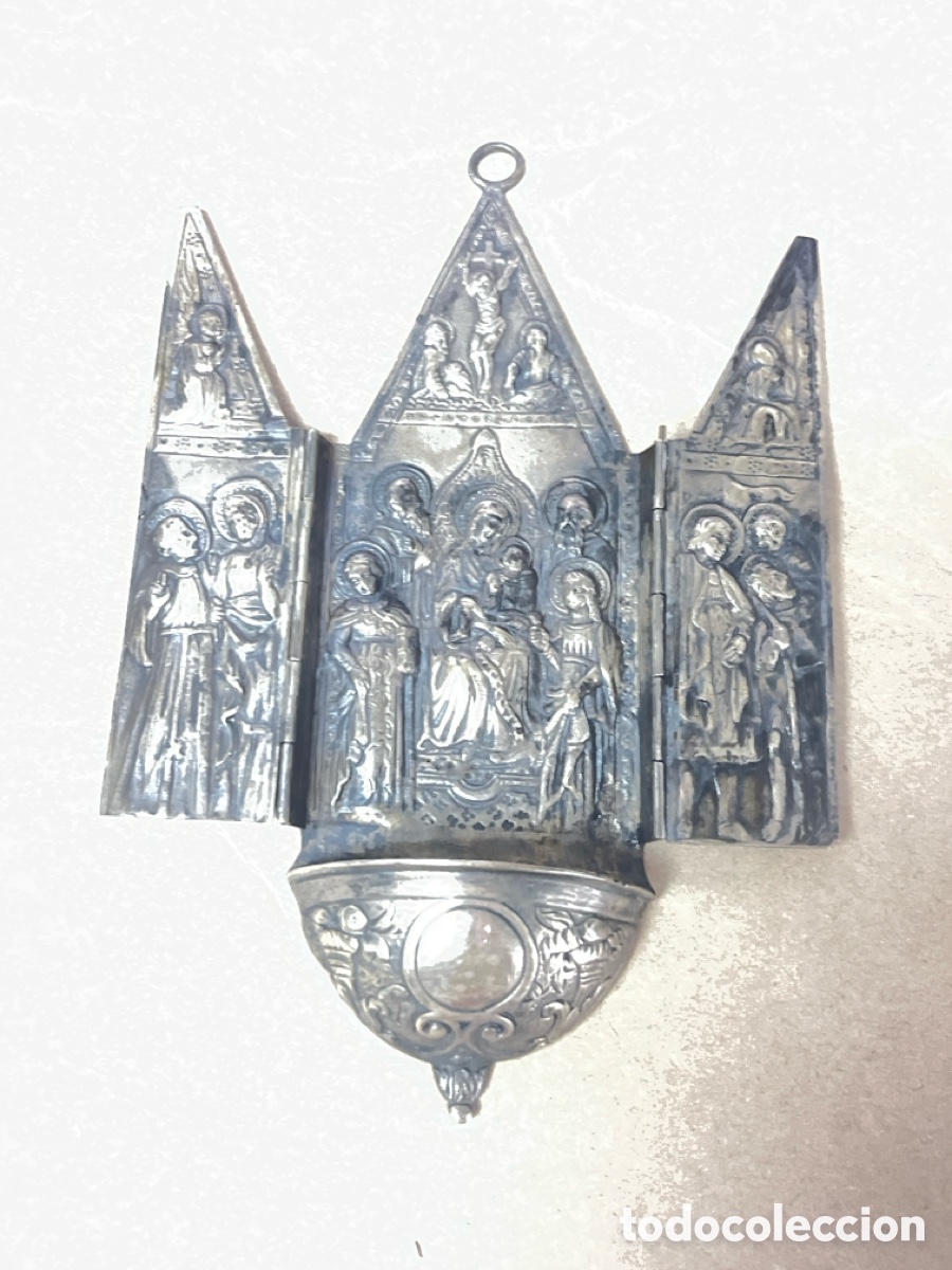 Antig&uuml;edades: benditera o tr&iacute;ptico religioso port&aacute;til fabricado en plata S. XIX /XY22