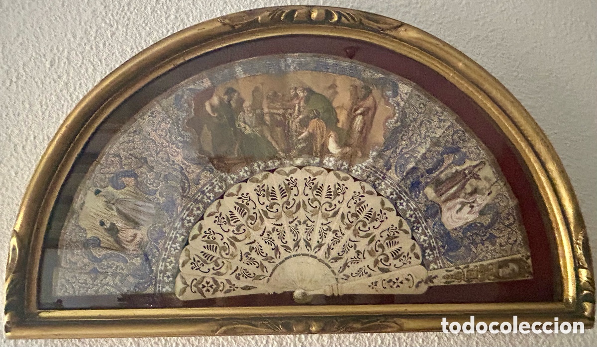 Antig&uuml;edades: Abanico antiguo enmarcado, finales del siglo XVIII, principios del XIX, varillaje calado y grabado