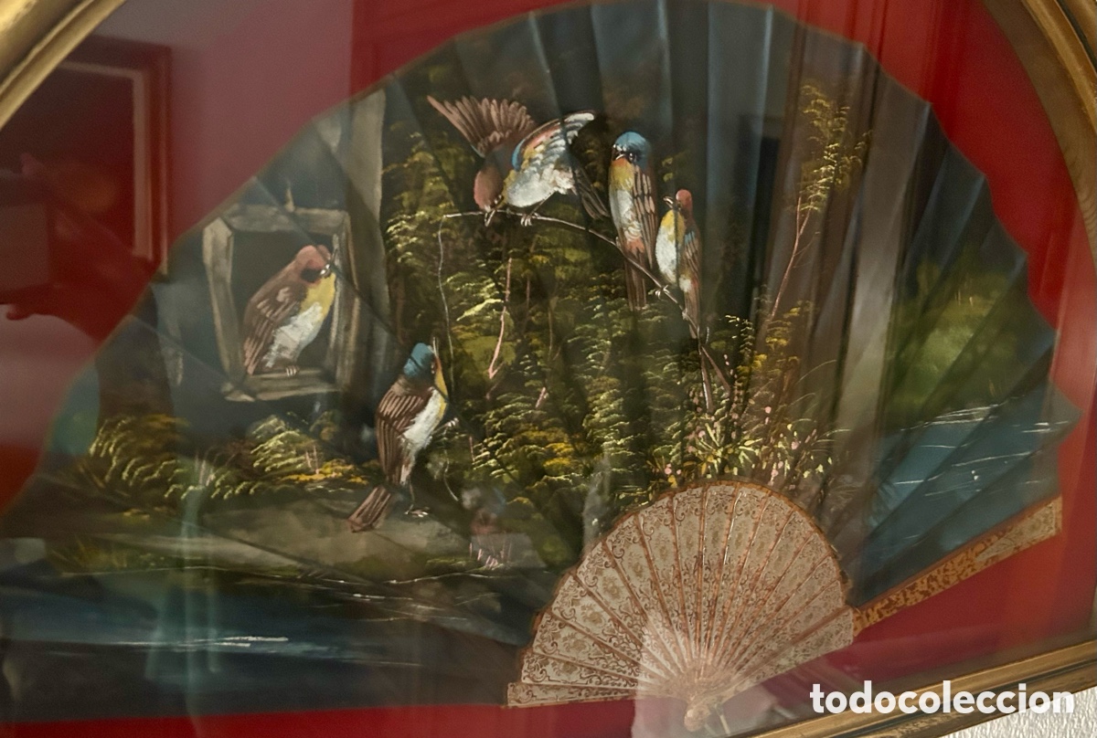 Antig&uuml;edades: Abanico antiguo de finales del XIX seda con aves ex&oacute;ticas