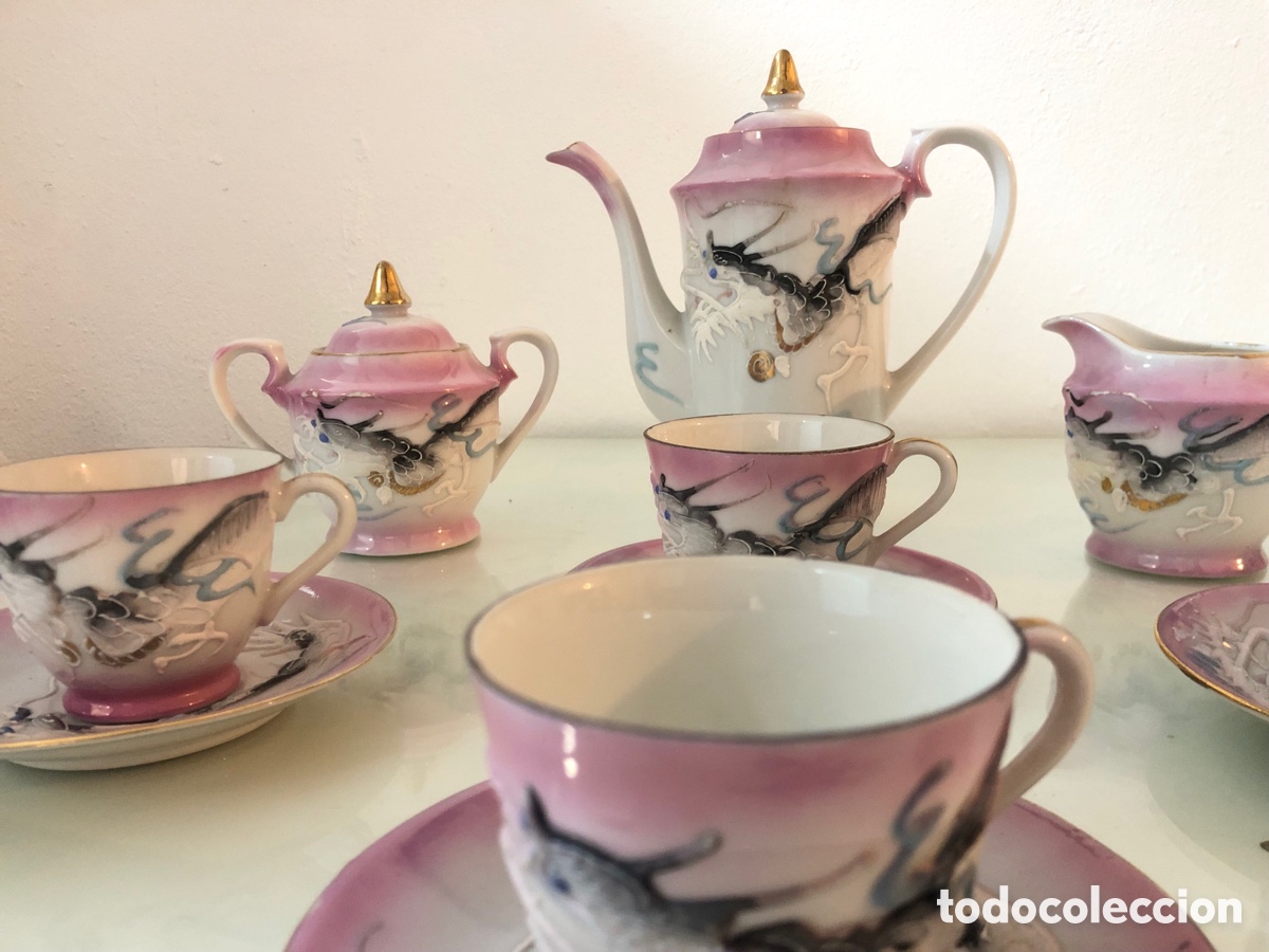 Antig&uuml;edades: Juego de caf&eacute; antiguo Drag&oacute;n Rosa - Foto 4
