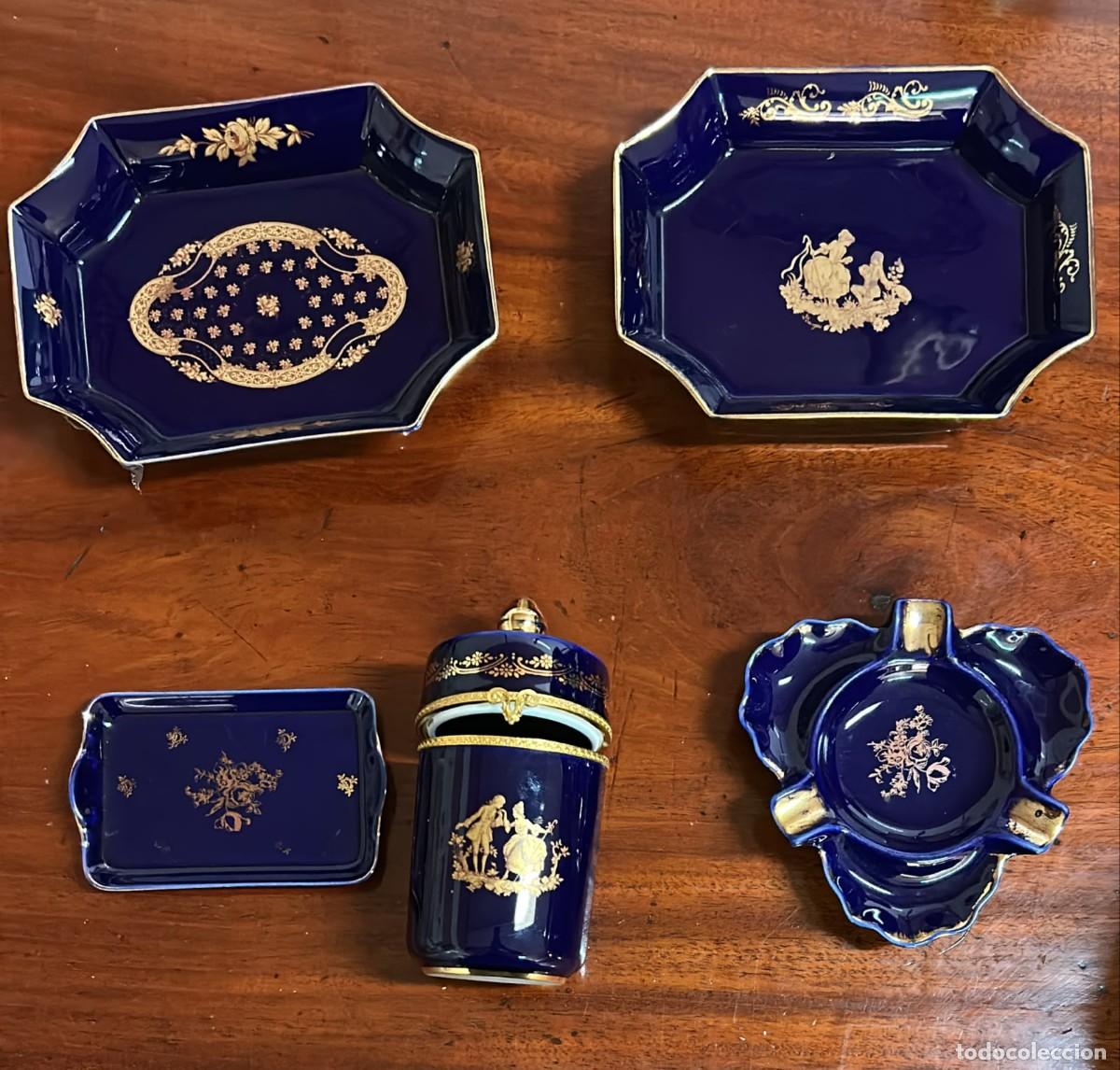 Antig&uuml;edades: BANDEJAS Y TARRO DE LIMOGES CASTEL FRANCIA GRABACION EN ORO 22 KILATES LA PIEZA MAYOR 18 X 15 CMS.