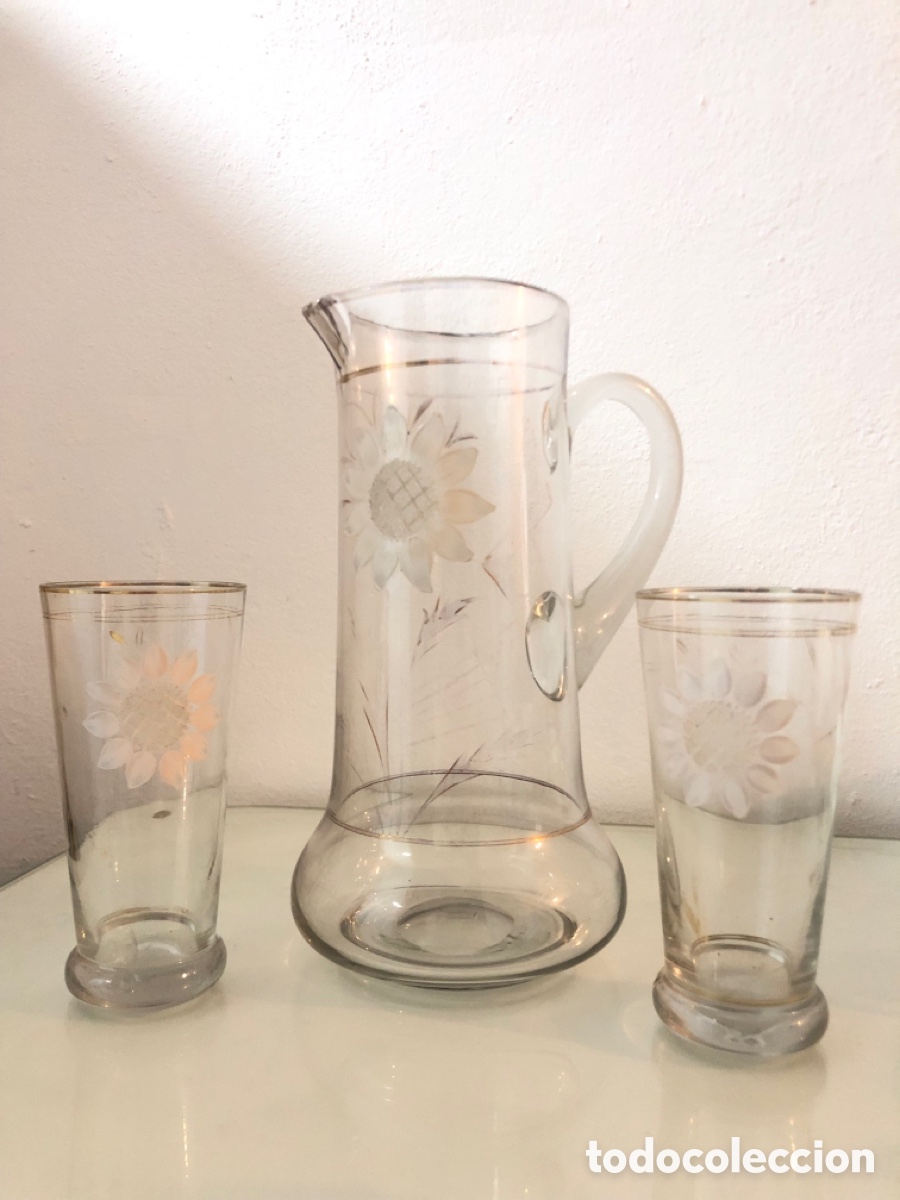 Antig&uuml;edades: Juego de agua jarra y 2 vasos cristal