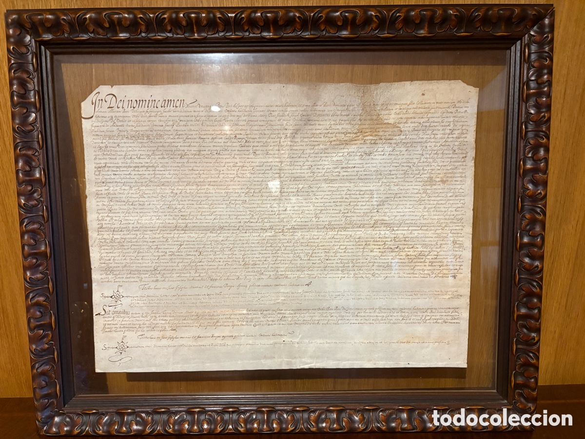 Antig&uuml;edades: Antiguo documento notarial manuscrito sobre pergamino (siglos XVII-XVIII) &ndash; Enmarcado