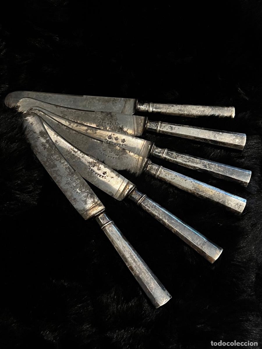 Antig&uuml;edades: Excepcional Lote 6 Cuchillos Antiguos de Mesa - Mangos de Plata y Hojas de Cast Steel-ACERO FUNDIDO
