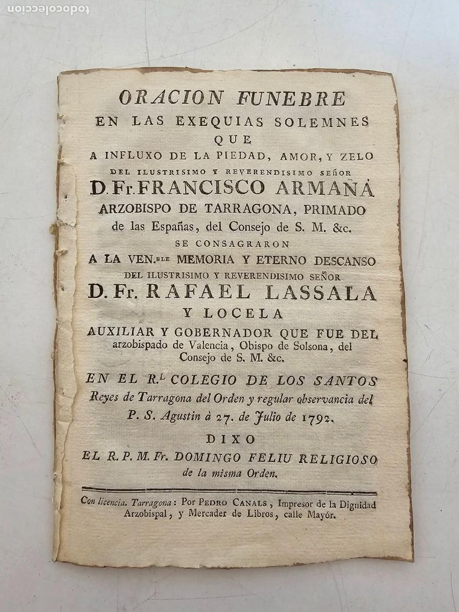 Antig&uuml;edades: ORACION FUNEBRE, DON RAFAEL LASSALA Y LOCELA, COMENDADOR, 1792, (20X14)