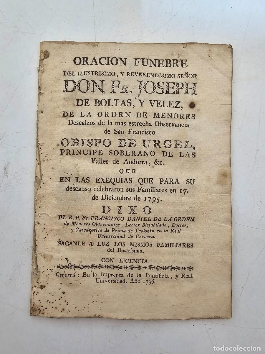 Antig&uuml;edades: ORACION FUNEBRE, DON JOSEPH DE BOLTAS Y VELEZ, OBISPO URGELL, 1795, (20X14)