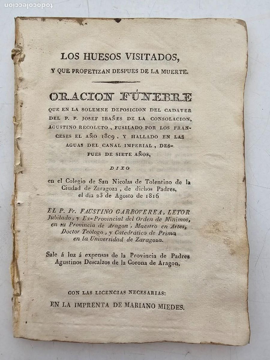 Antig&uuml;edades: ORACION FUNEBRE, FAUSTINO GARROVEREA, MAESTRO, TEOLOGO Y CATEDRATICO ZARAGOZA, 1816, (20X14)