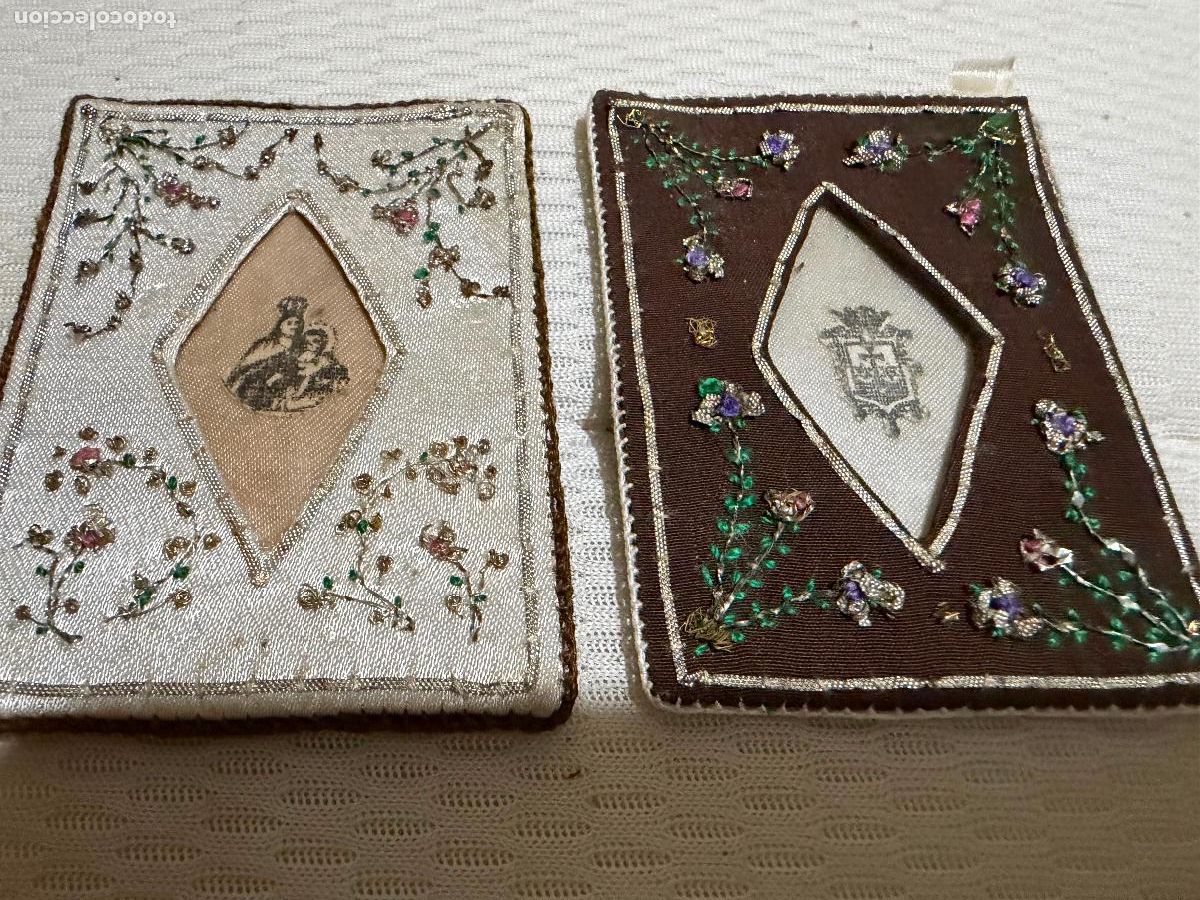 Antig&uuml;edades: 2 Escapularios decorados virgen del Carmen - Foto 3