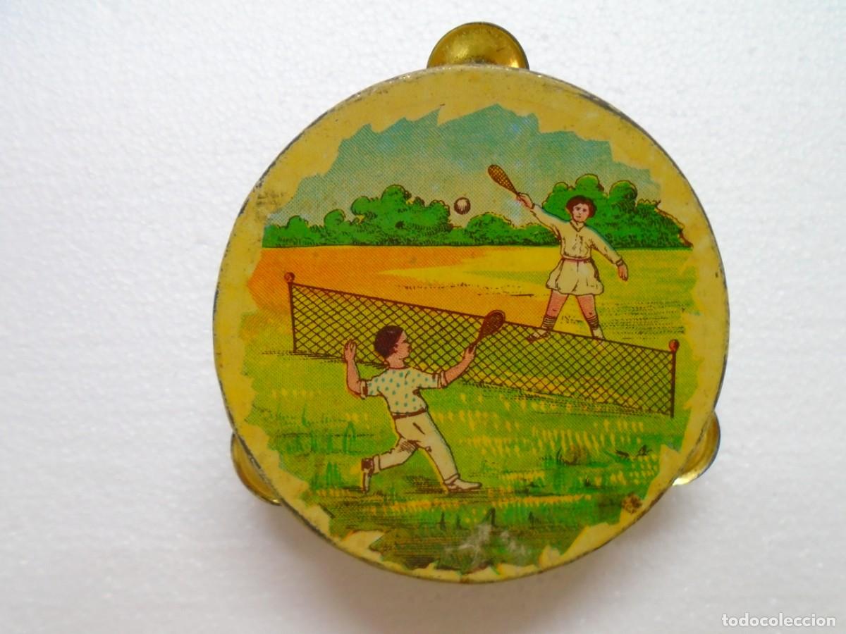 Antig&uuml;edades: ANTIGUA PANDERETA HOJALATA LITOGRAFIADA 1&ordm;XX.NI&Ntilde;OS JUGANDO AL TENIS.DIAMETRO 92MM.BUENA CONSERVACION