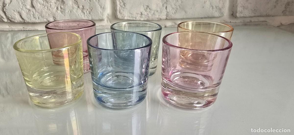 Antig&uuml;edades: JUEGO DE 6 VASOS DE CHUPITO de VIDRIO NACARADO. CRISTAL ELSA