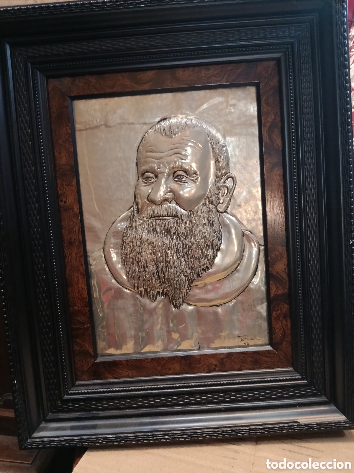 Antig&uuml;edades: Cuadro de fraileopordo en placa de esta&ntilde;o o alpaca firmado