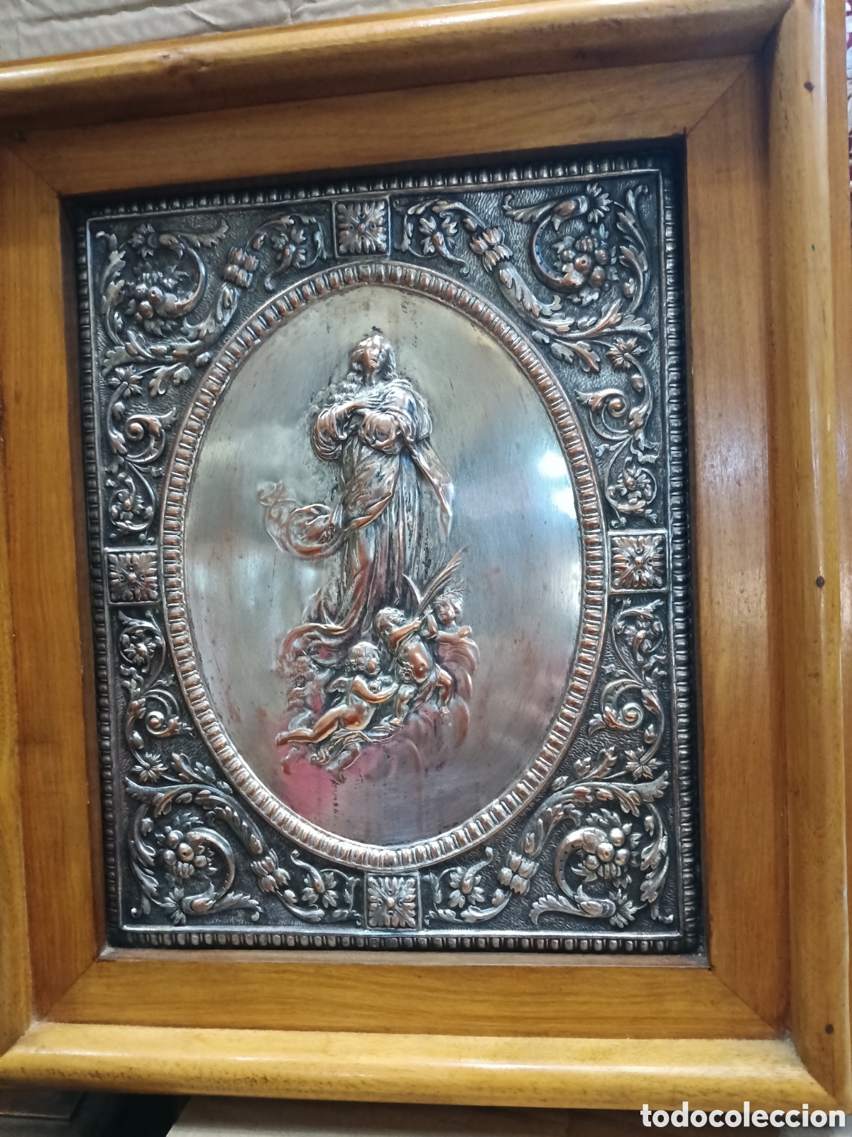 Antig&uuml;edades: Virgen inmaculada en placa de cobre plateado