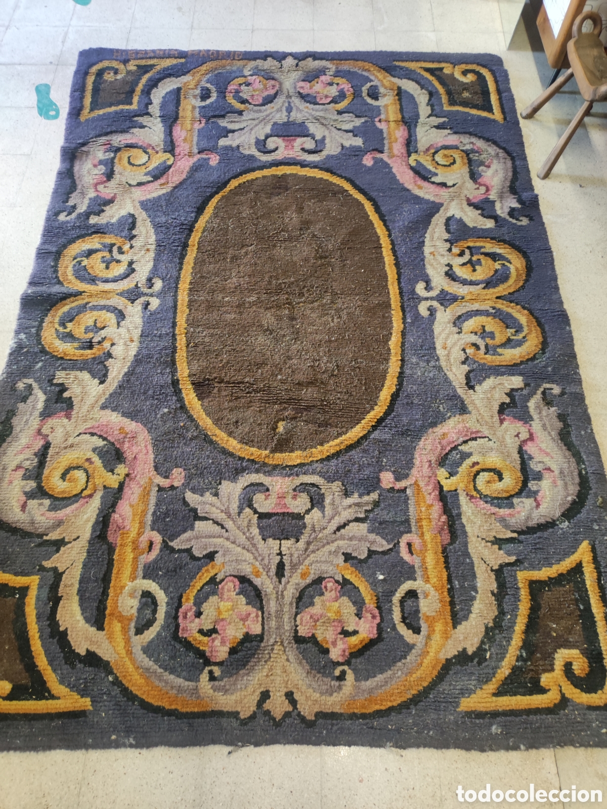 Antig&uuml;edades: Alfombra antigua real f&aacute;brica con inscripci&oacute;n Hispania Madrid