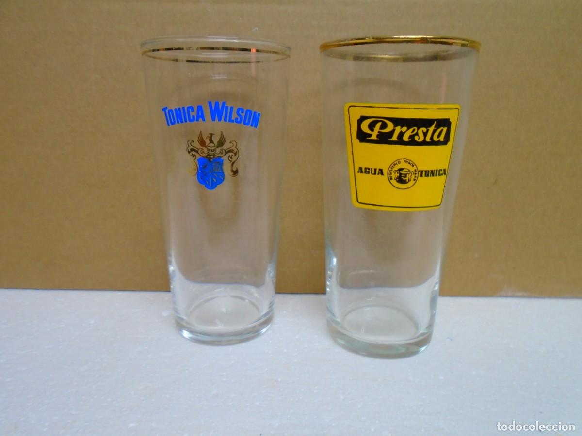 Antig&uuml;edades: VINTAGE VASOS SERIGRAFIADOS DE TONICAS&rdquo;WILSON&rdquo; Y &rdquo;PRESTA&rdquo;MIDEN 14 CM DE ALTO.