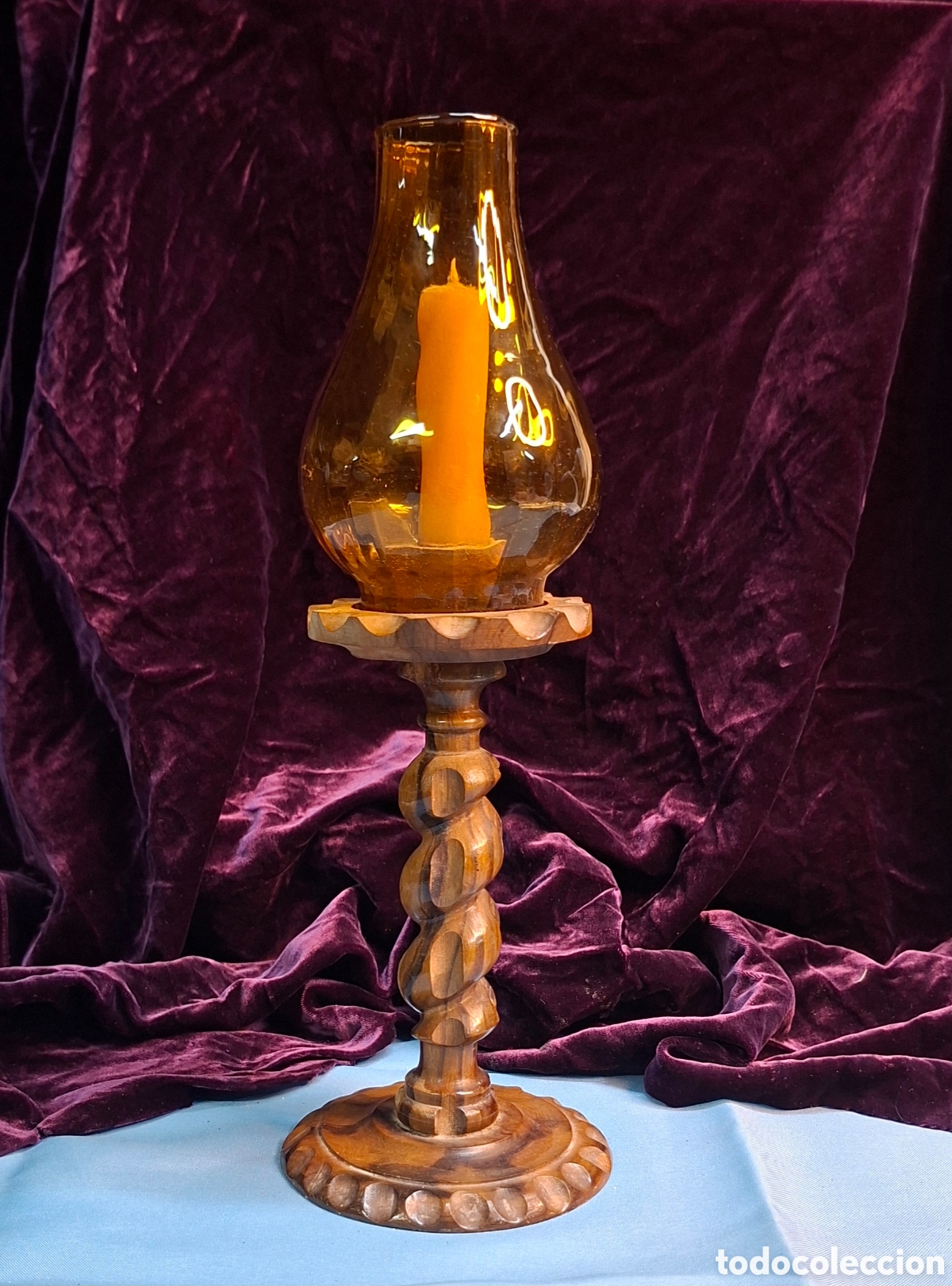 Antig&uuml;edades: Candelabro de madera tallada con tulipa &aacute;mbar - Foto 7