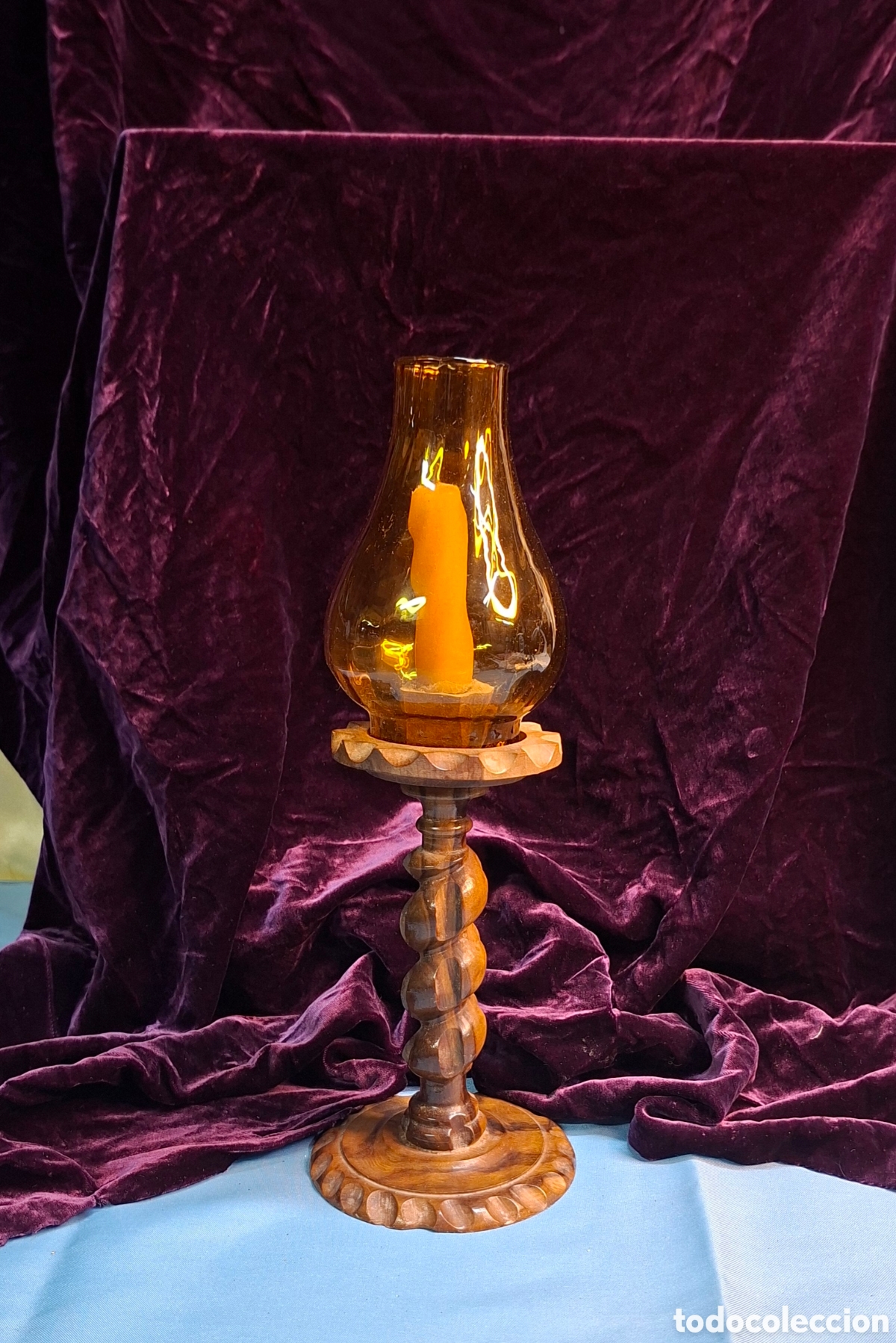 Antig&uuml;edades: Candelabro de madera tallada con tulipa &aacute;mbar - Foto 10