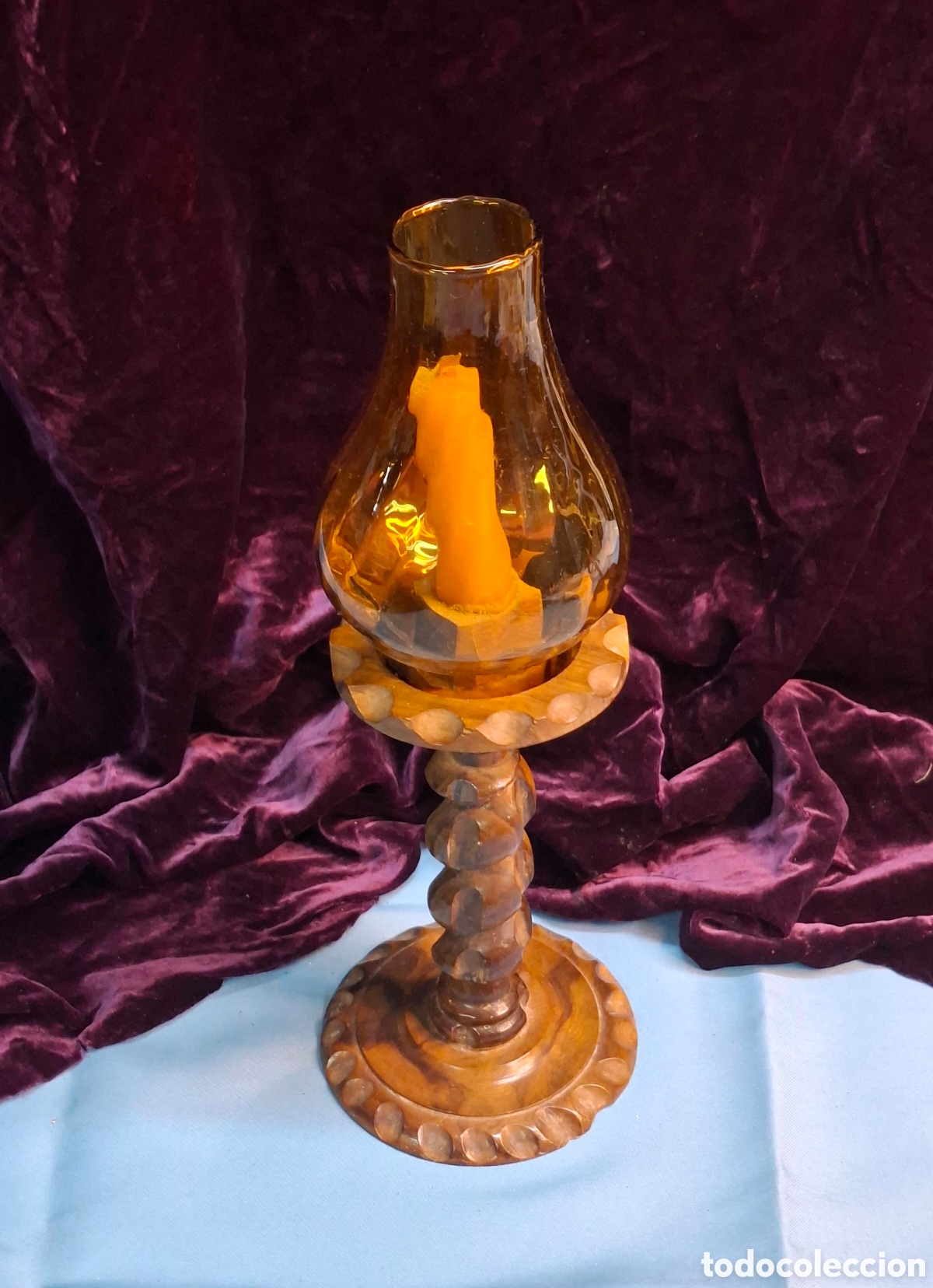 Antig&uuml;edades: Candelabro de madera tallada con tulipa &aacute;mbar - Foto 12