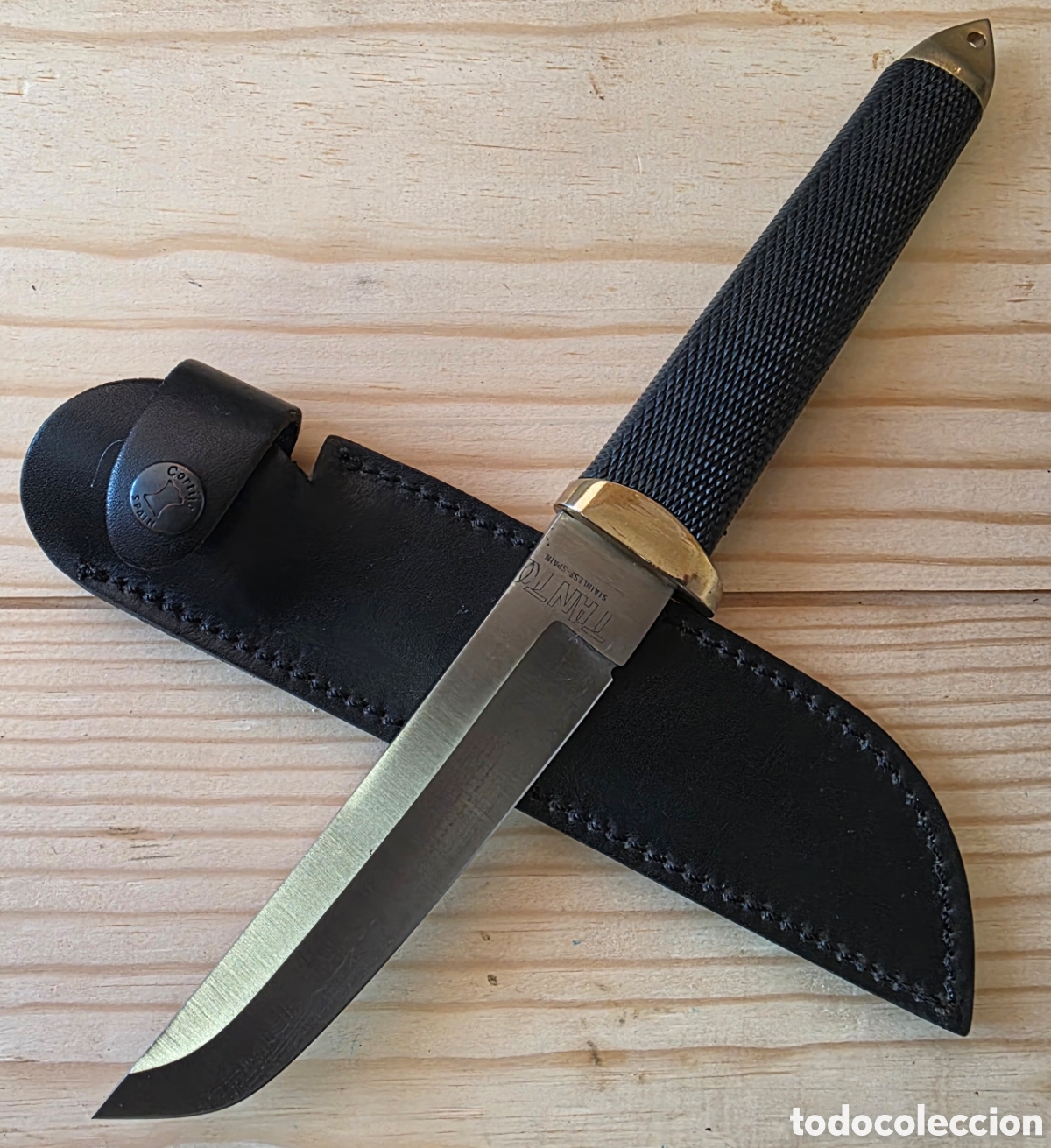 Antig&uuml;edades: Cuchillo TANTO vintage fabricado en Espa&ntilde;a &ndash; Acero inoxidable &ndash; Funda original de cuero