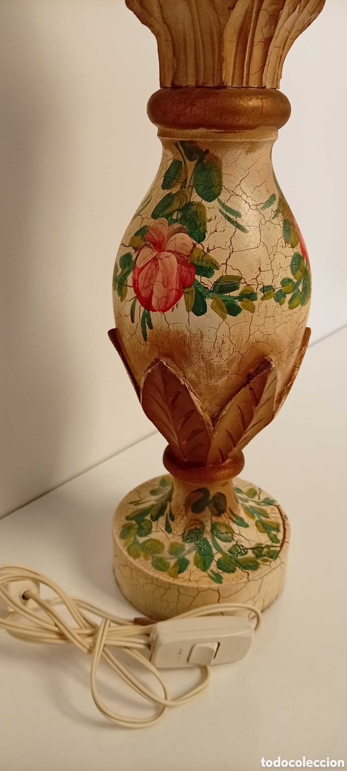 Antig&uuml;edades: .LAMPARA DE MESA DE MADERA PINTADA A MANO - Foto 4
