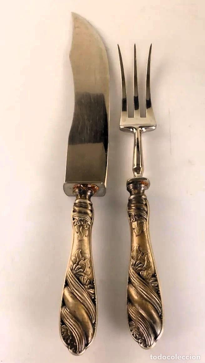 Antig&uuml;edades: OPORTUNIDAD SET TRINCHAR CUCHILLO 33CM + TENEDOR 28CM 3 PUAS - LOS MANGOS SON DE PLATA 800 mm
