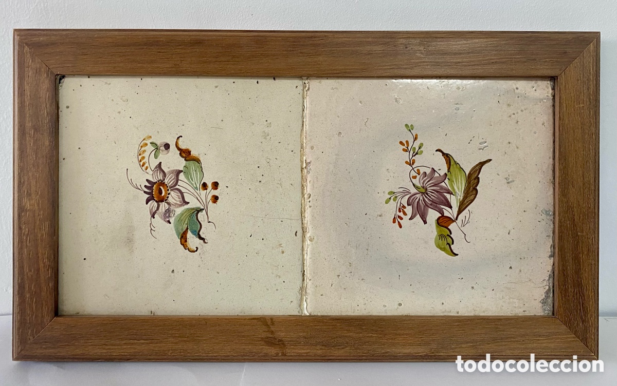 Antig&uuml;edades: Panel de dos azulejos cer&aacute;micos de Valencia Manises del Siglo XIX Flor