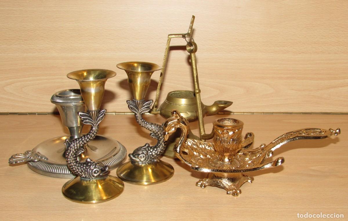 Antig&uuml;edades: Lote 4 candelabros porta velas palmatoria ave p&aacute;jaro pez mitolog&iacute;a oriental + l&aacute;mpara aceite quinqu&eacute;