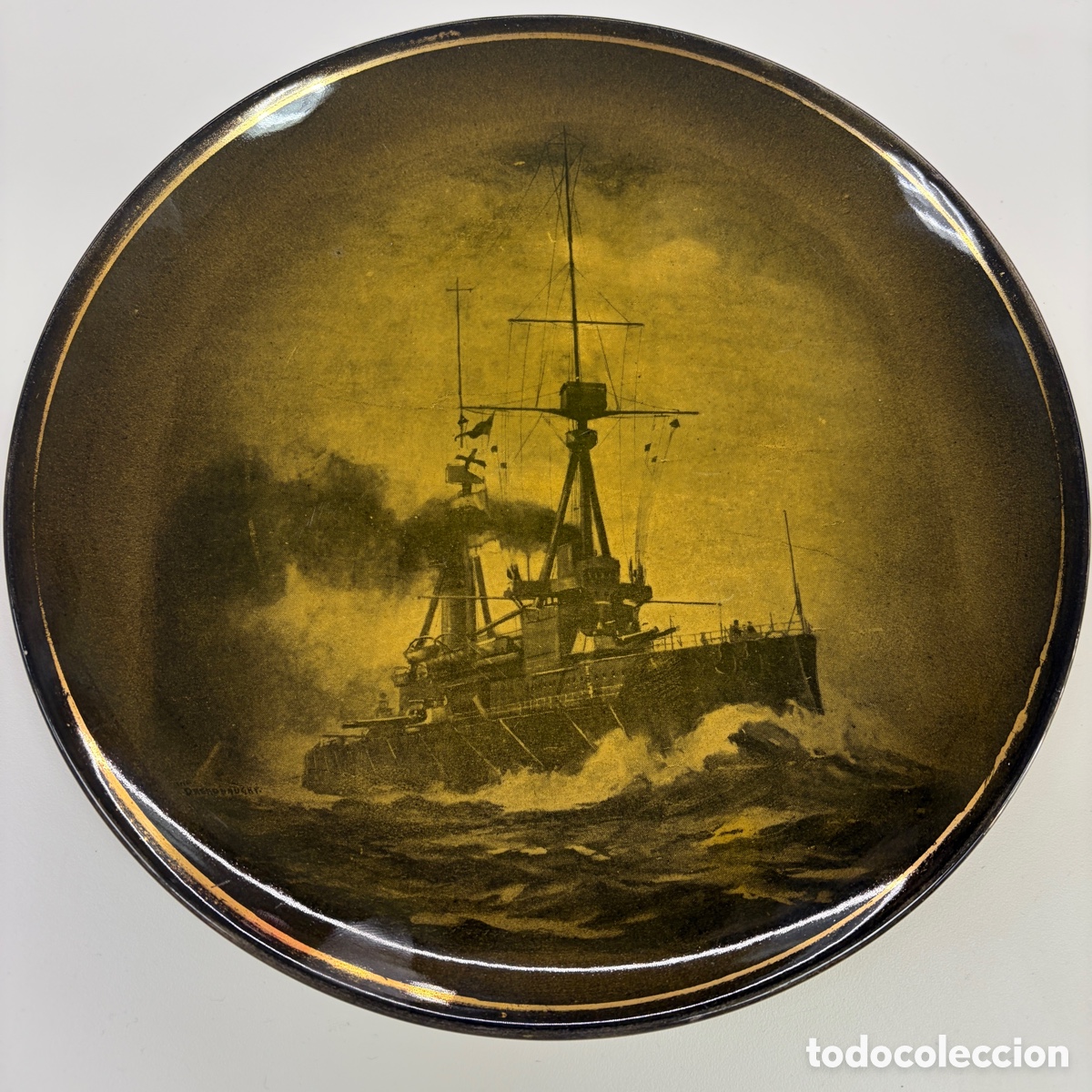 Antig&uuml;edades: Plato fabricado por Ridgways, Inglaterra. &rdquo;Royal Vistas Ware&rdquo; acorazado Dreadnought