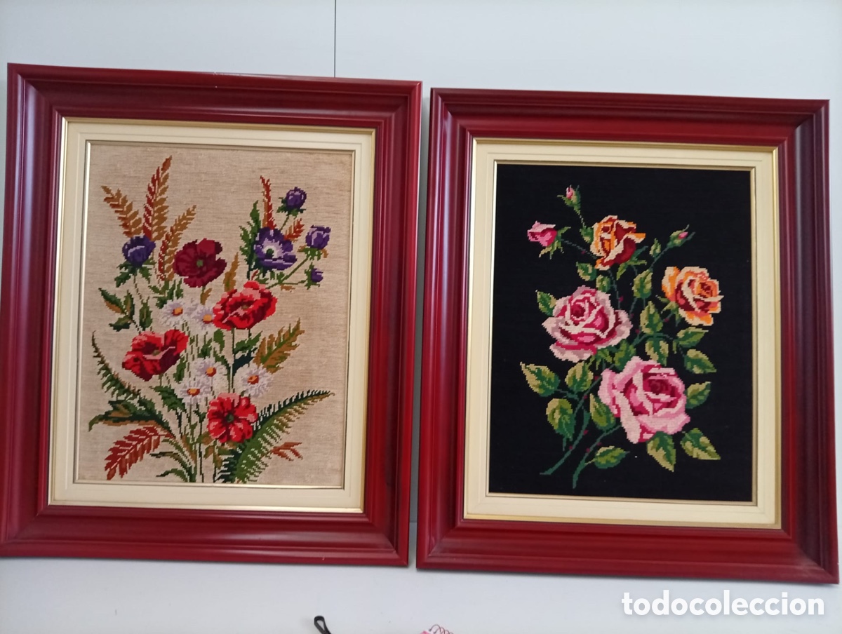 Antig&uuml;edades: .DOS. CUADROS TAPIZ BORDADO CON FLORES.