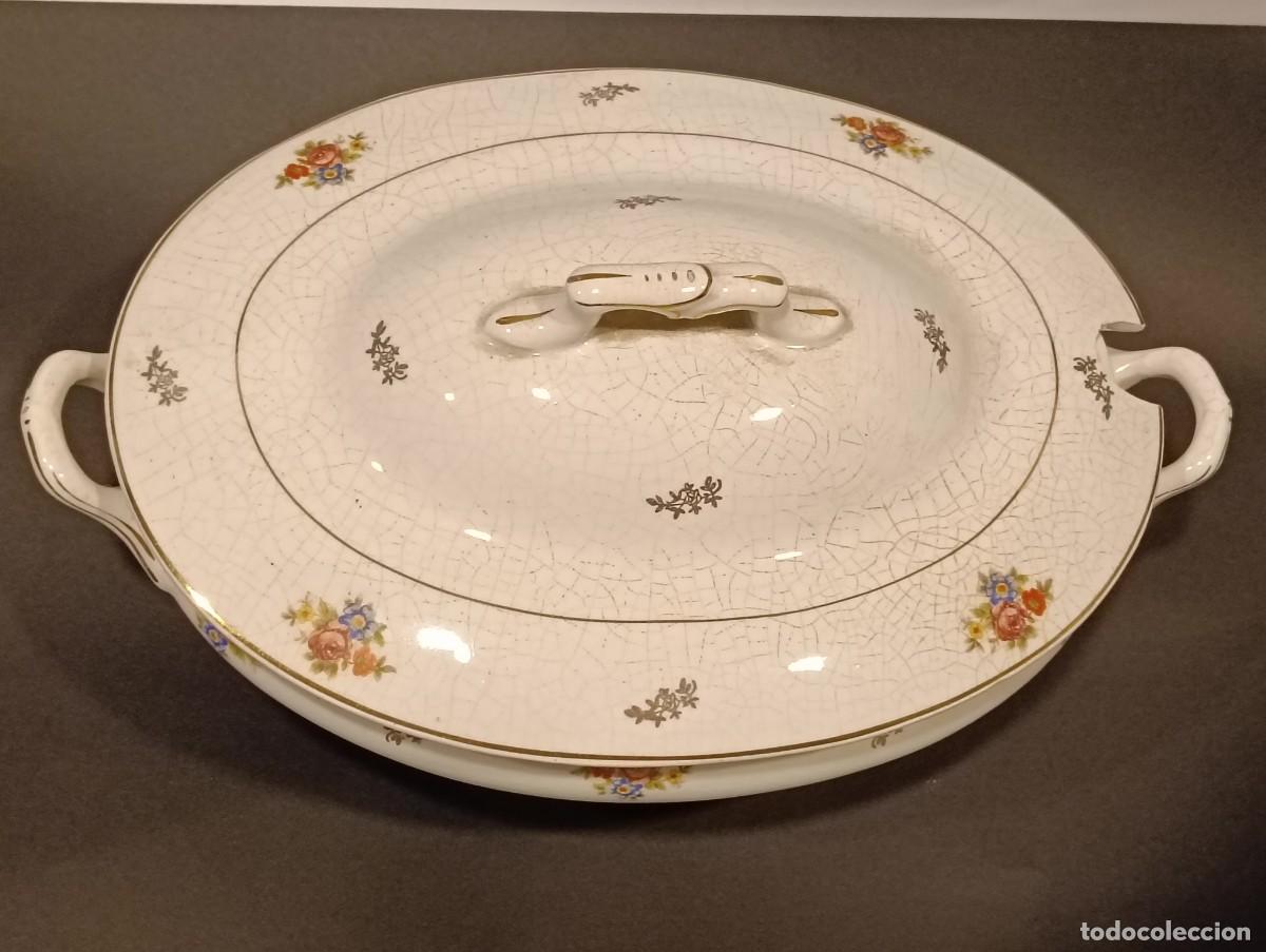 Antig&uuml;edades: Antigua Sopera De Loza Con Tapa - La Asturiana Gij&oacute;n - Flores Y Dorados 33x18 Cm