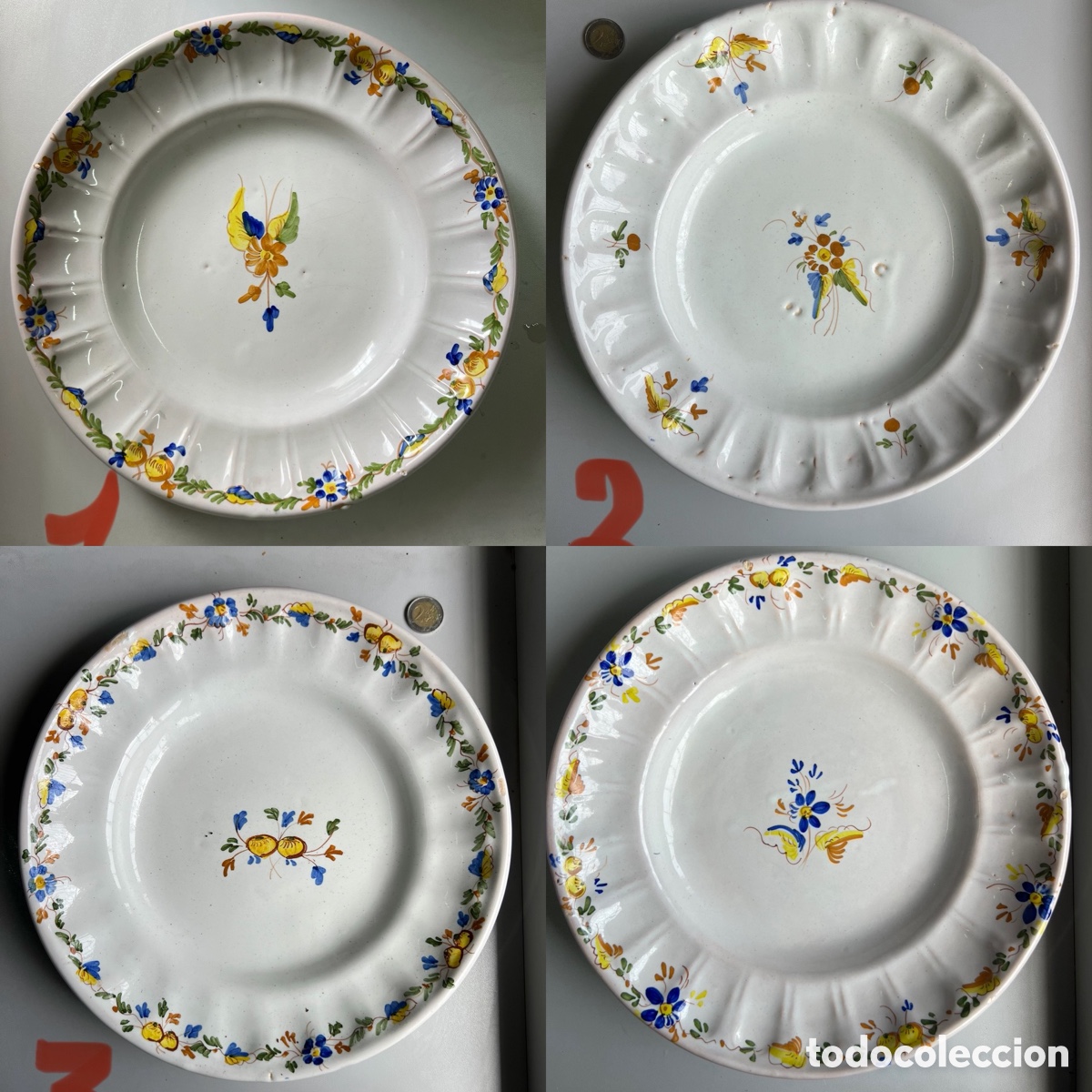 Antig&uuml;edades: Lote 5 Platos Alcora Siglo XVIII Marcados &ldquo;A&rdquo; Decoraci&oacute;n Policromada &Oslash; 32 cm aprox.