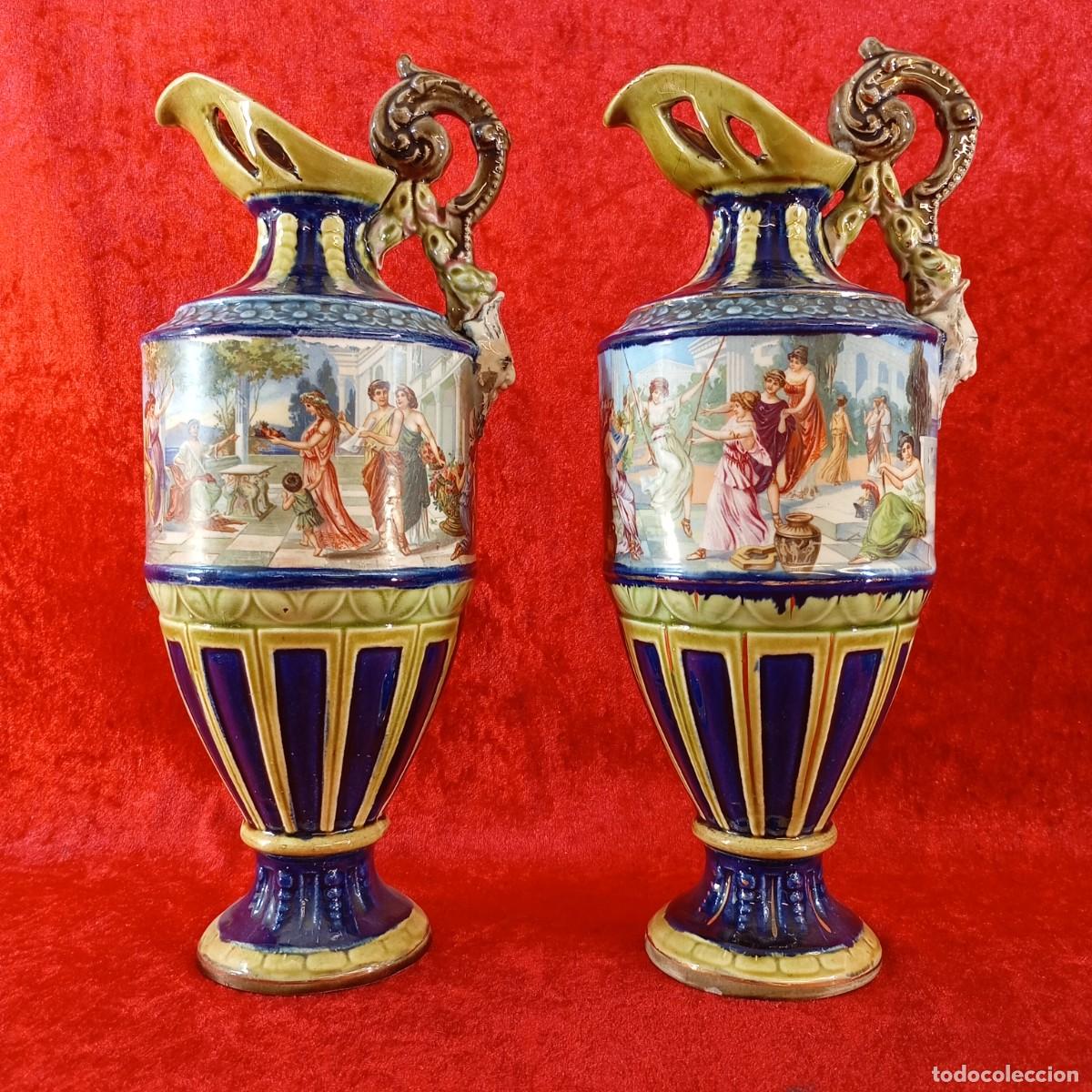 Antig&uuml;edades: LOTE 2 ANTIGUOS JARRONES - DE PORCELANA AZUL COBALTO - PINTADOS A MANO - 28,5 X 13 CM
