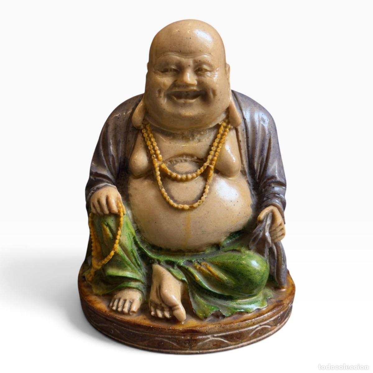 Antig&uuml;edades: Est&aacute;tua Budai (Buda Sorridente) em Cer&acirc;mica Esmaltada &ndash; Figura Oriental Decorativa