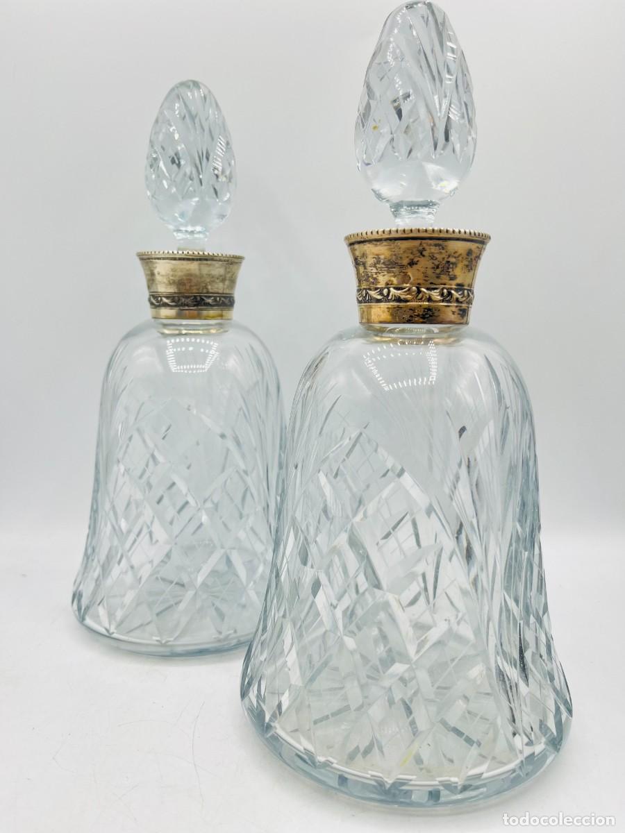 Antig&uuml;edades: PAREJA LICORERAS CRISTAL TALLADO PLATA DE LEY A&Ntilde;OS 50 27 CM