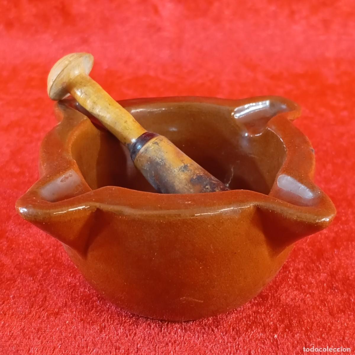 Antig&uuml;edades: ANTIGUO MORTERO DE CER&Aacute;MICA VIDRIADA - ESTILO CATAL&Aacute;N O FRANC&Eacute;S - MORTERO DE MADERA - 4,5 X 8 CM