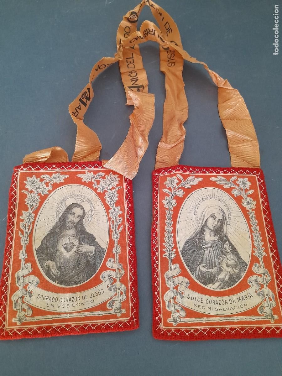 Antig&uuml;edades: escapulario dulce corazon de maria y sagrado corazon de jesus, 9x12cm aprox