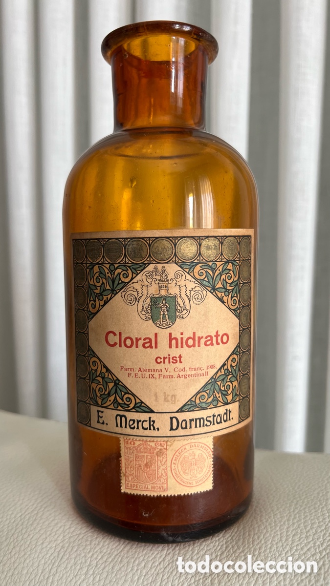 Antig&uuml;edades: Antiguo bote frasco de cristal de farmacia de Hidrato cloral 23 cm de alto,