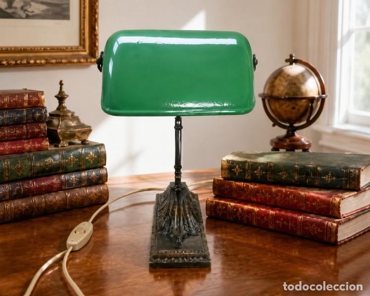 Antig&uuml;edades: Autentica L&aacute;mpara Notario Francesa &ndash; Hierro Fundido &ndash; Pantalla Esmaltada Verde &ndash; A&ntilde;os 40/50