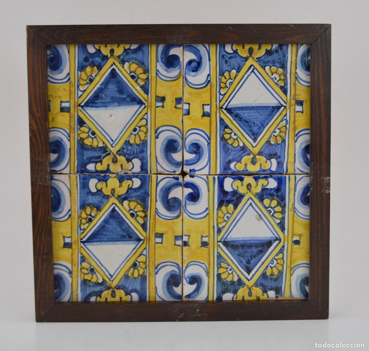 Antig&uuml;edades: Plaf&oacute;n de 4 azulejos antiguos enmarcados
