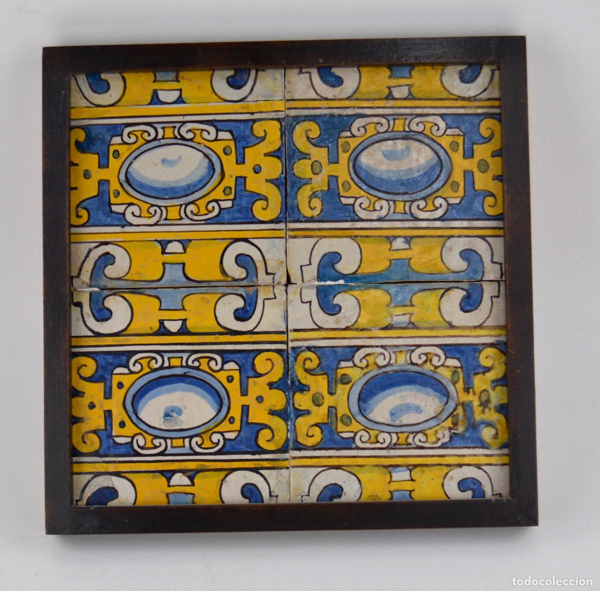 Antig&uuml;edades: Plaf&oacute;n de 4 azulejos antiguos enmarcados