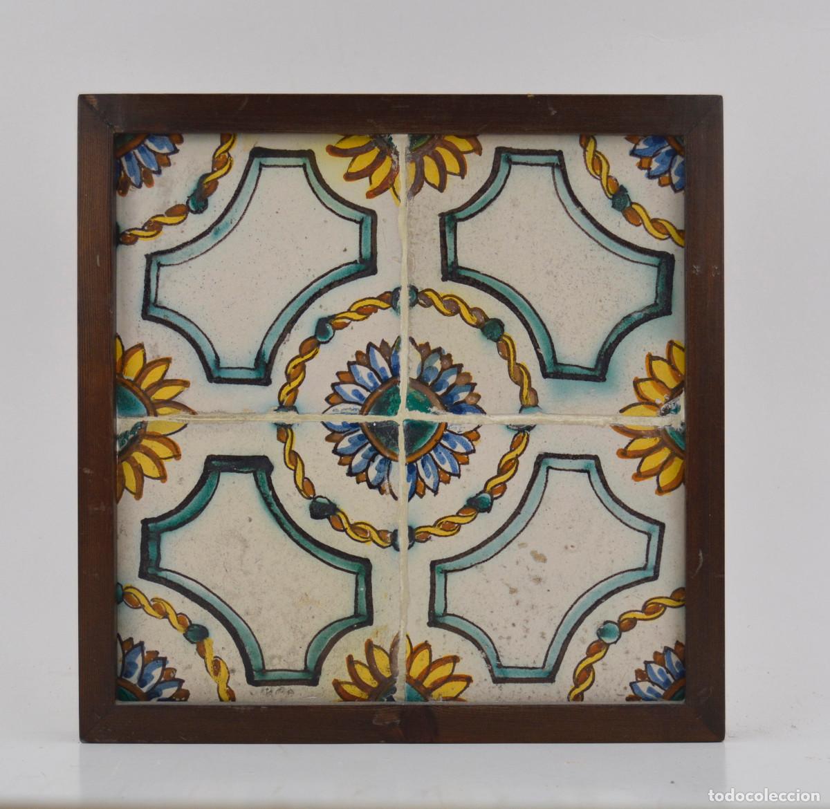 Antig&uuml;edades: Plaf&oacute;n de 4 azulejos antiguos enmarcados