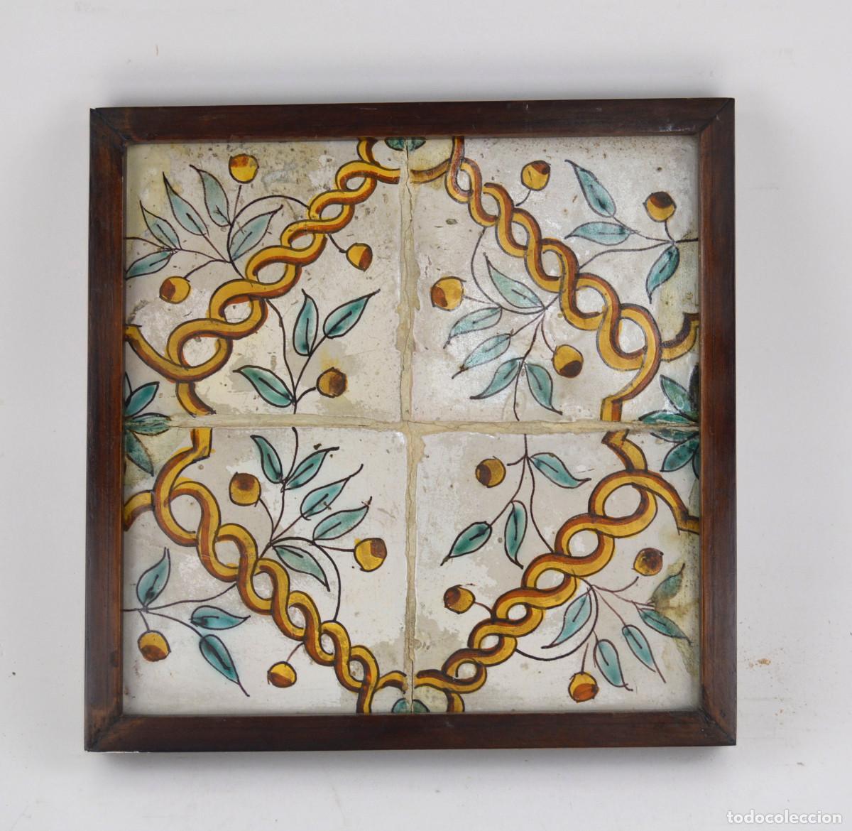 Antig&uuml;edades: Plaf&oacute;n de 4 azulejos antiguos enmarcados