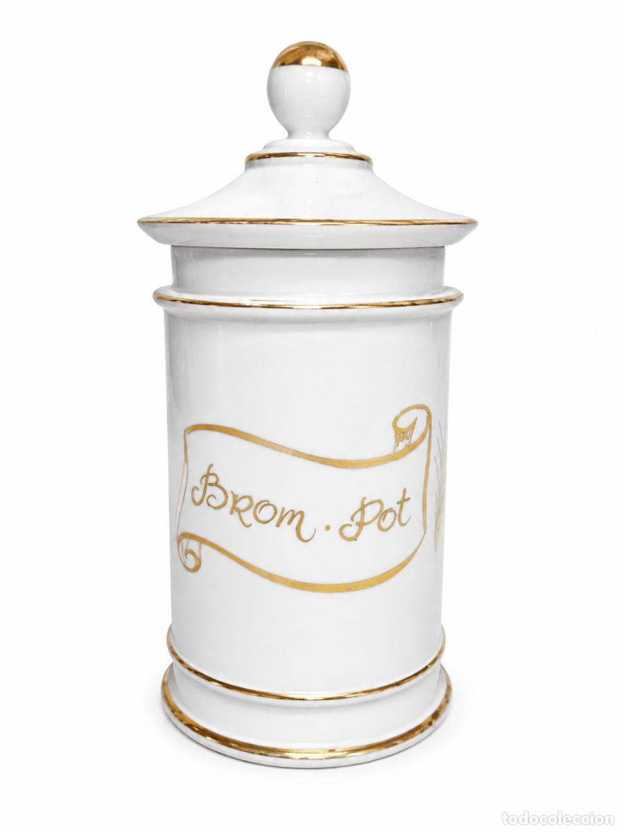 Antig&uuml;edades: Bote, Albarelo de Farmacia Antiguo - Porcelana Blanca con Filetes Dorados - Brom. Pot. - S.XIX