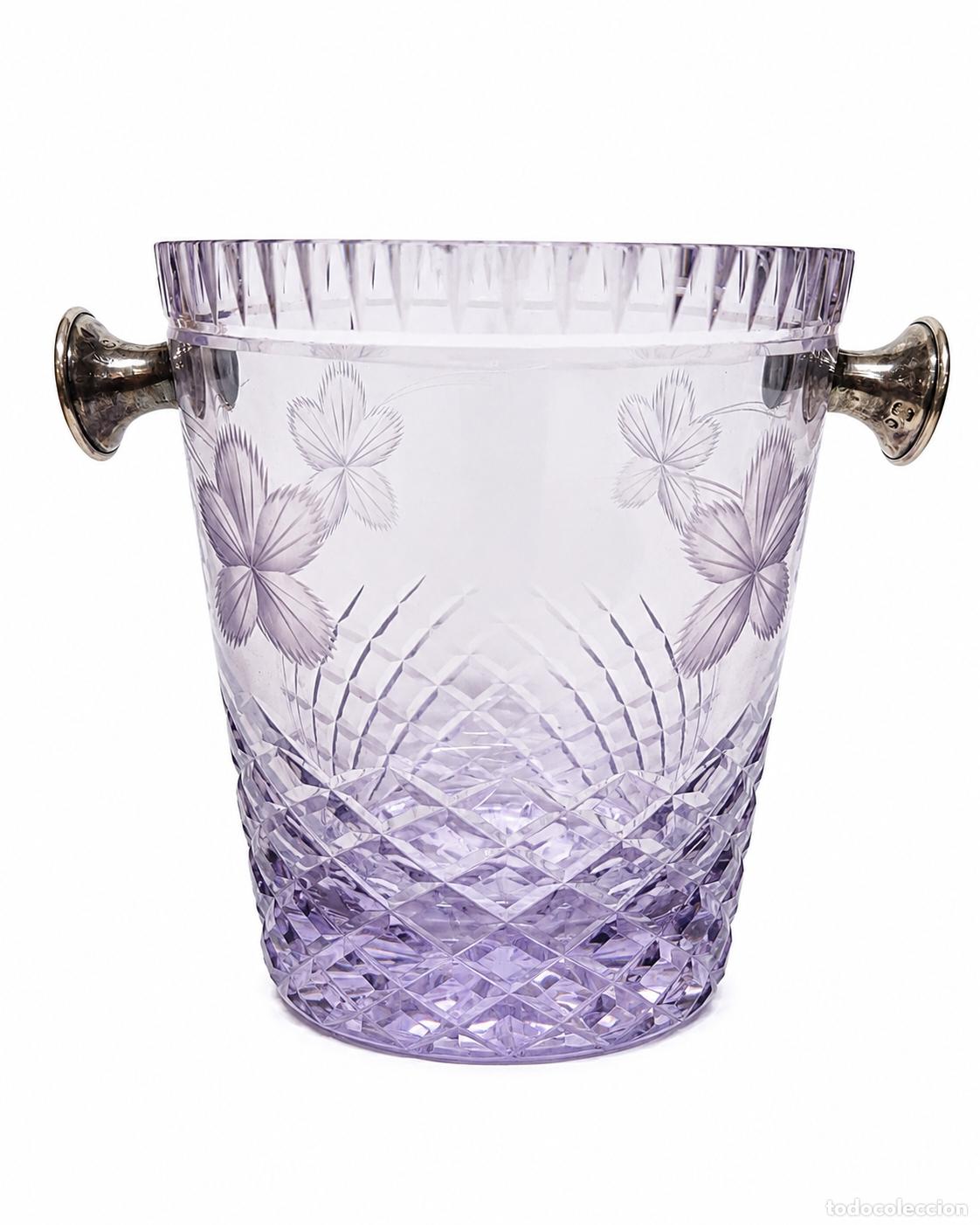 Antig&uuml;edades: Cubitera Cristal Tallado - Asas de Plata de Ley, con Contrastes - Vintage - A&ntilde;os 1950 - 70