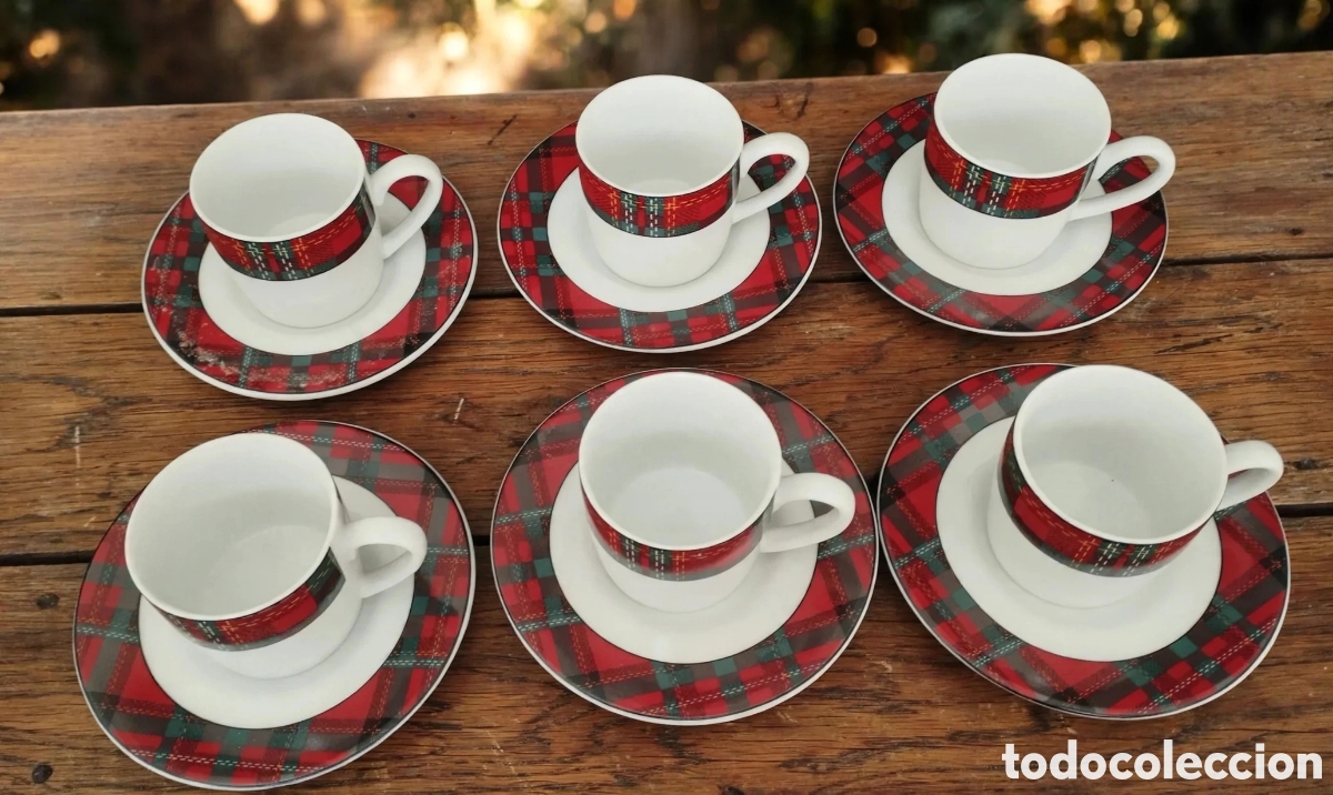 Antig&uuml;edades: JUEGO DE TAZAS CAFE, PORCELANA FINA MOD. TARTAN KOPIN. MOTIVOS CUADROS. SEIS TAZAS Y PLATOS VINTAGE