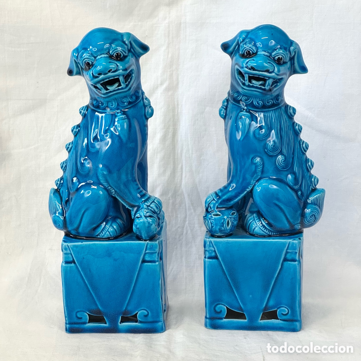 Antiques: PAREJA CERAMICA AZUL PERROS FOO ASIA CHINA ALTURA 25 CM ARTE ASIATICO
