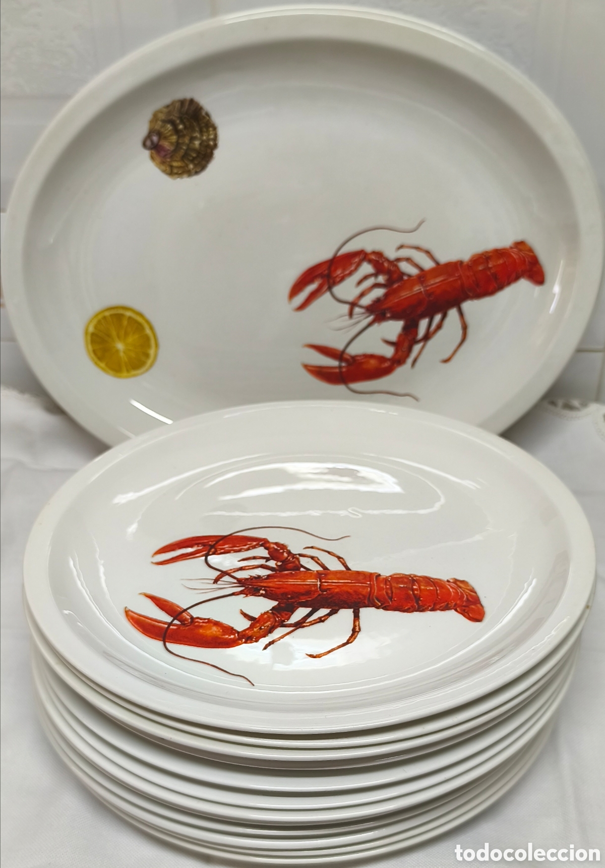 Antiques: Pontesa Ironstone Made in Spain - Vajilla Completa Marisco / Langosta (Fuentes y Platos)