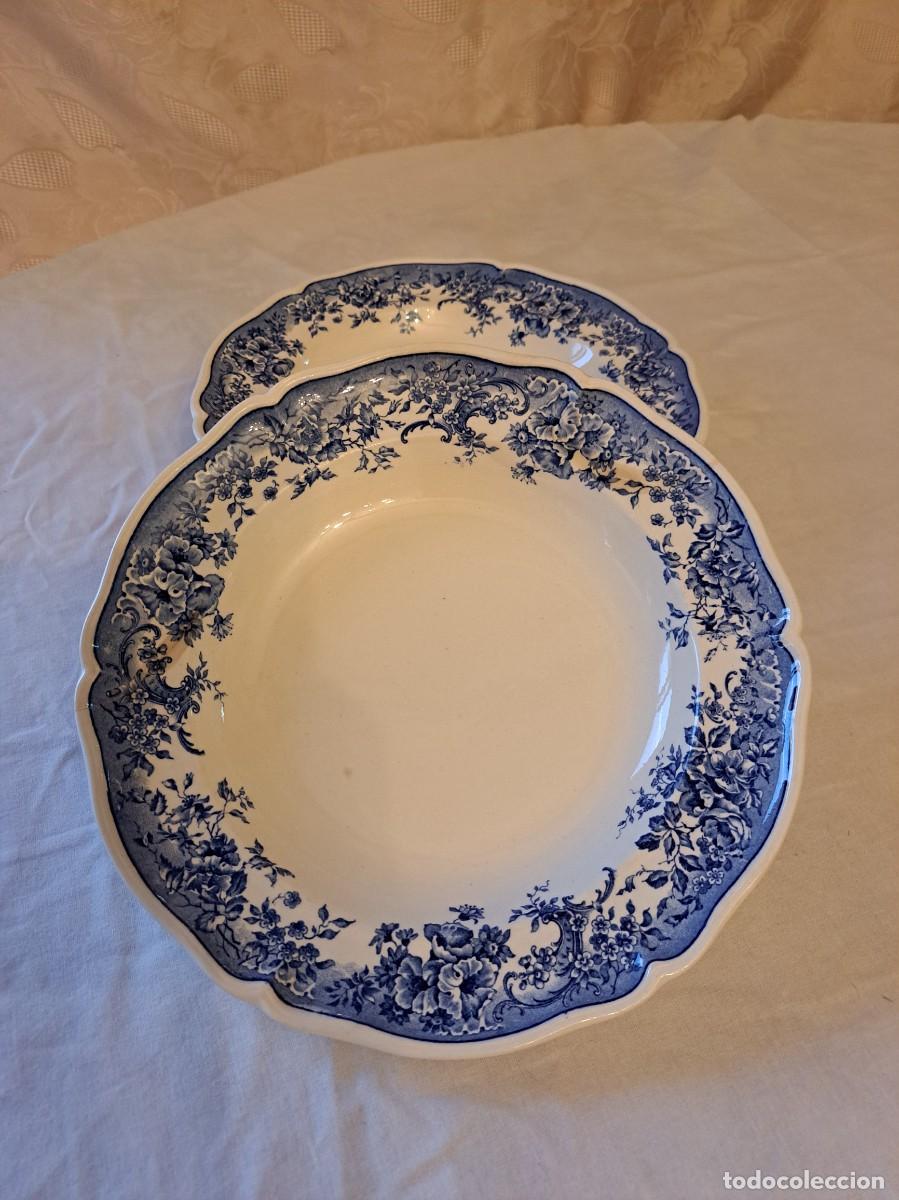 Oggetti Antichi: Lote de 3 platos hondos de porcelana Villeroy & Boch, Valeria, azul y blanco, siglo XIX