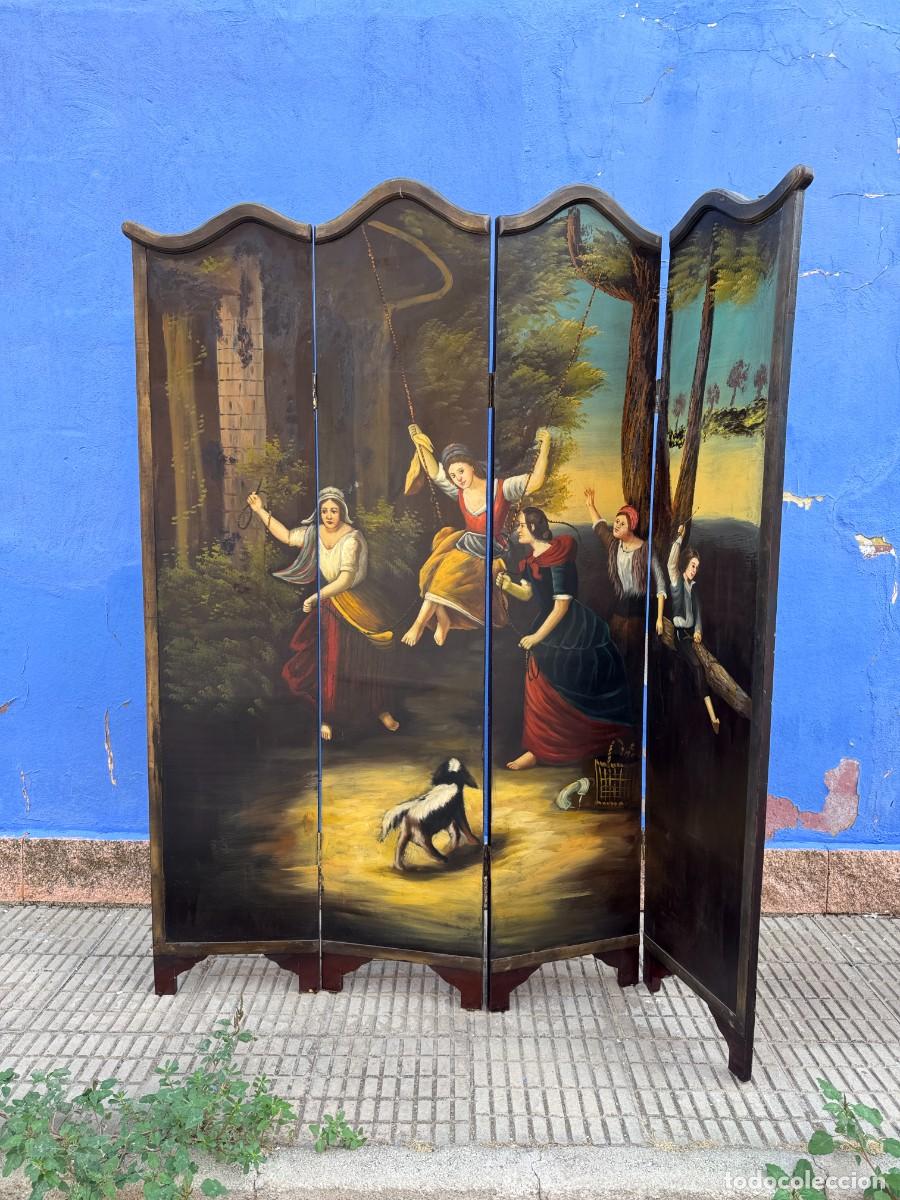 Antig&uuml;edades: Biombo de madera de 4 hojas pintado a mano